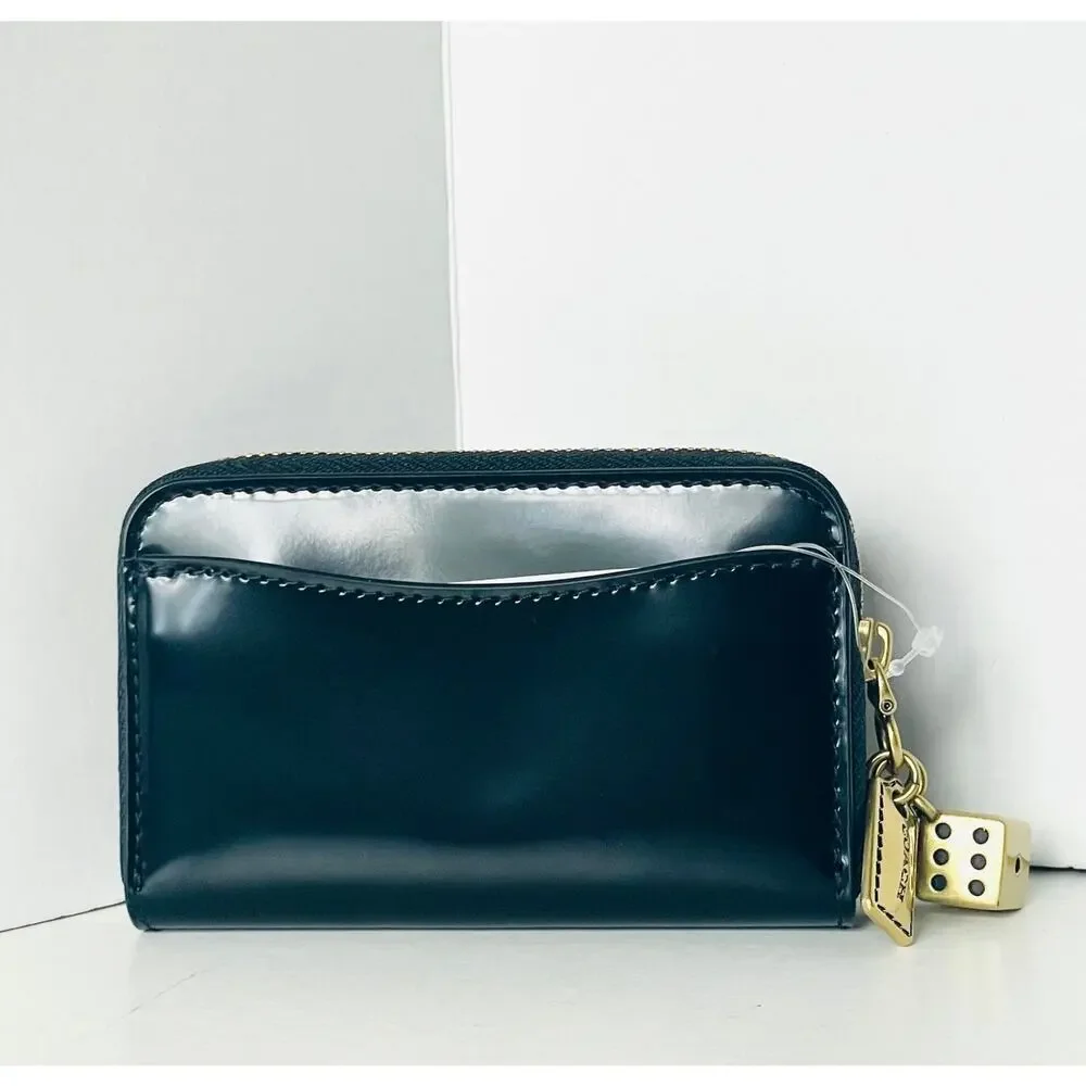 Coach Essential Small Zip Around Wallet Black Spazzolato Leather Charms CCD82